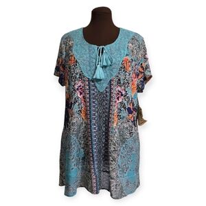 NWT One World Boho Chic Tassel Tunic Top Plus Size 1X Resort Floral Print